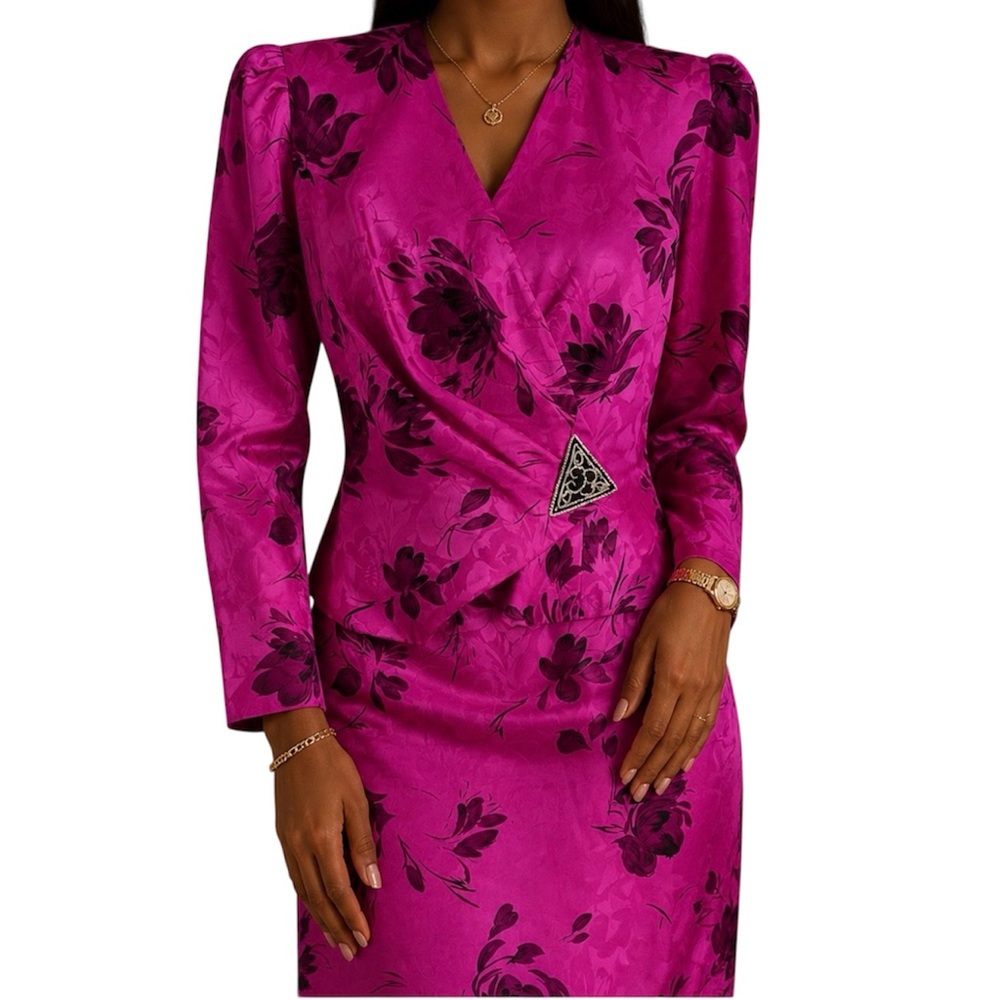 Vintage 80s Fuchsia Floral Skirt Suit Blazer Matching, Two-Piece Set, Size Small